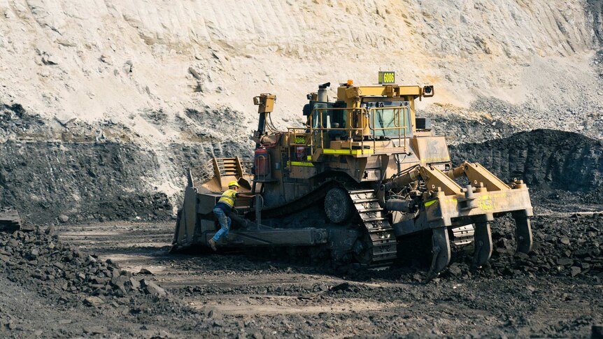 一个人靠在一台看起来像是用来碎石的机器后面。它位于一个大煤坑中。